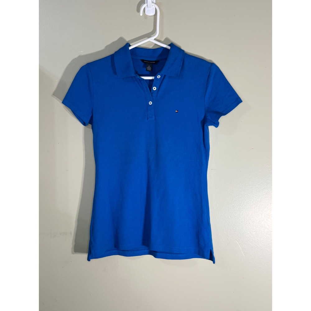 Tommy Hilfiger Womens Small Blue Short Sleeve Polo Shirt SYK-MUA Cotton Blend